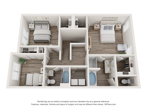 Floor plan for 3 beds, 2.5 baths, 1555 sqft